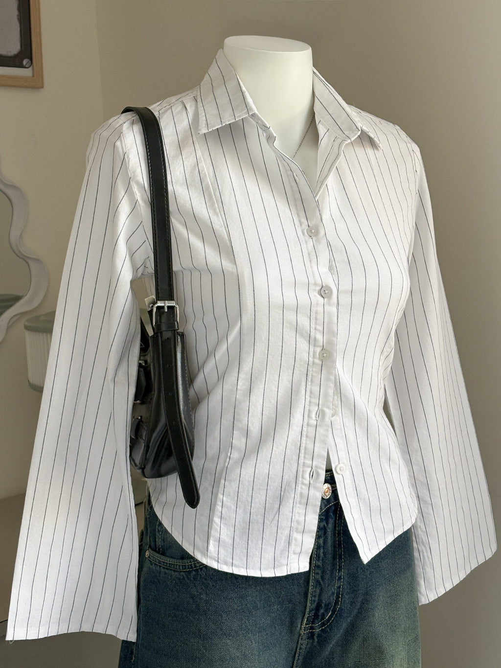 White Striped Flared Sleeve Fitted Shirt