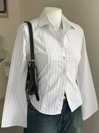 White Striped Flared Sleeve Fitted Shirt