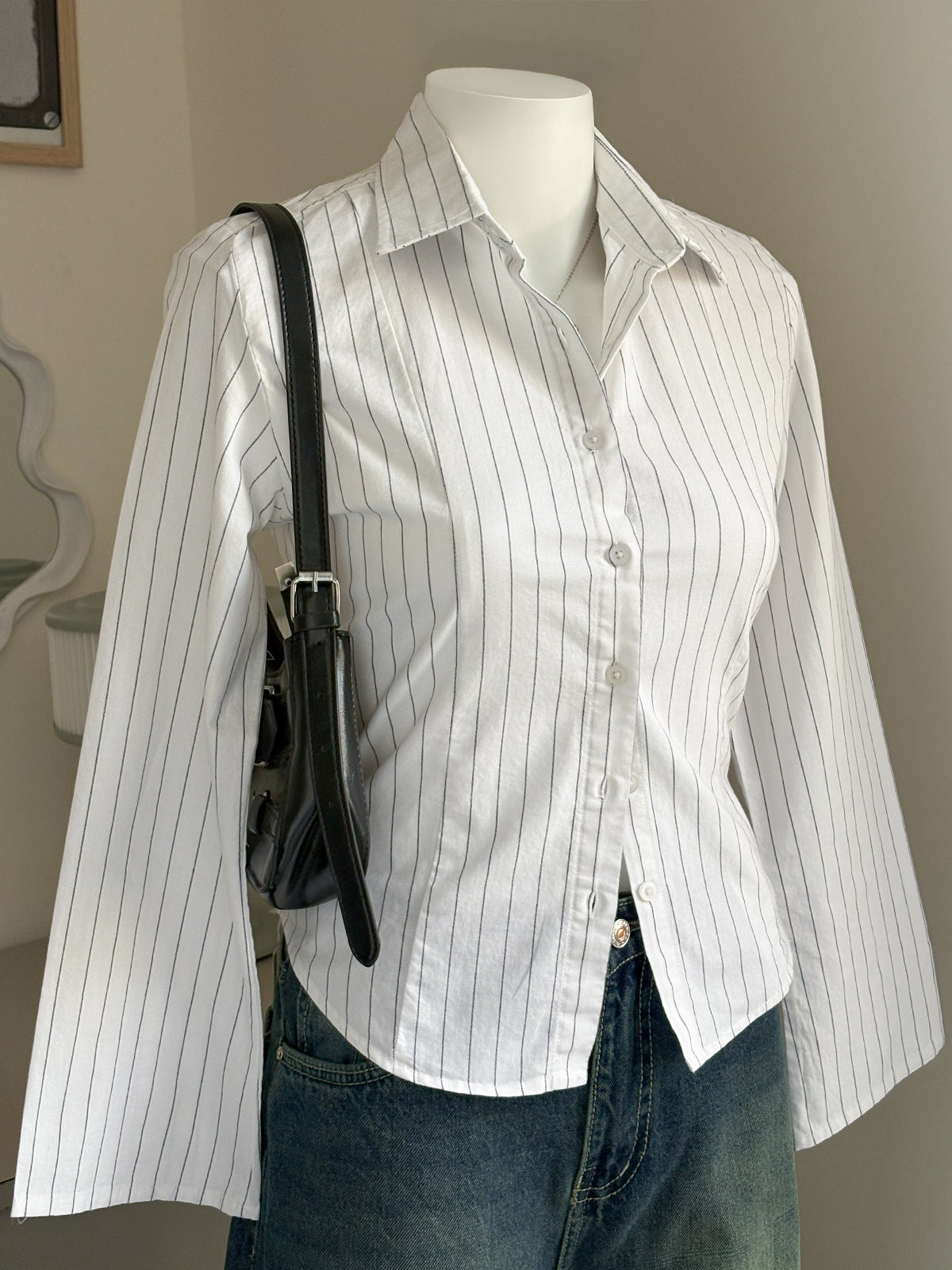 White Striped Flared Sleeve Fitted Shirt