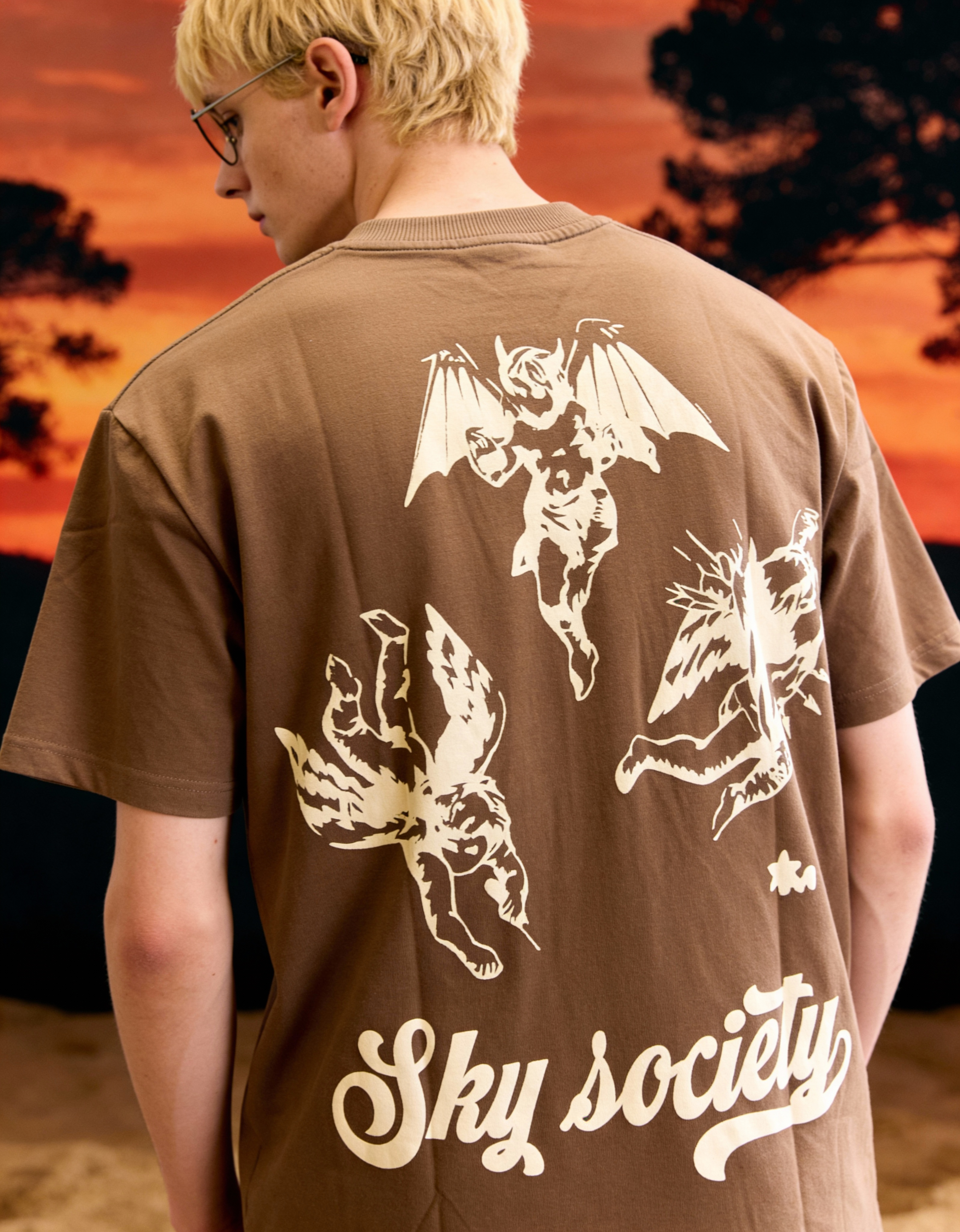 Sky Society Printed Oversized Brown T-Shirt