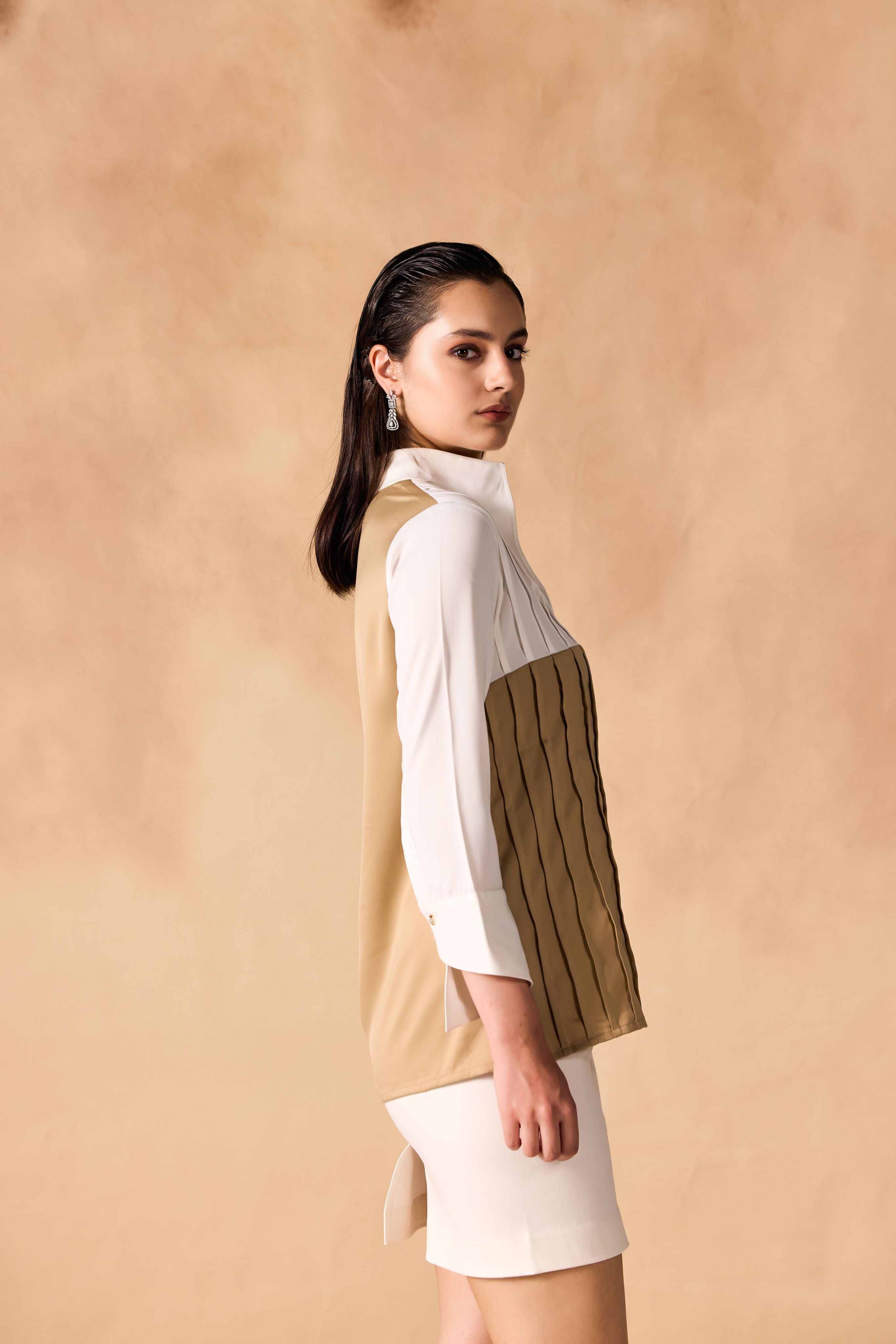 Two Tone Pintuck Pleated Button-up Satin Shirt