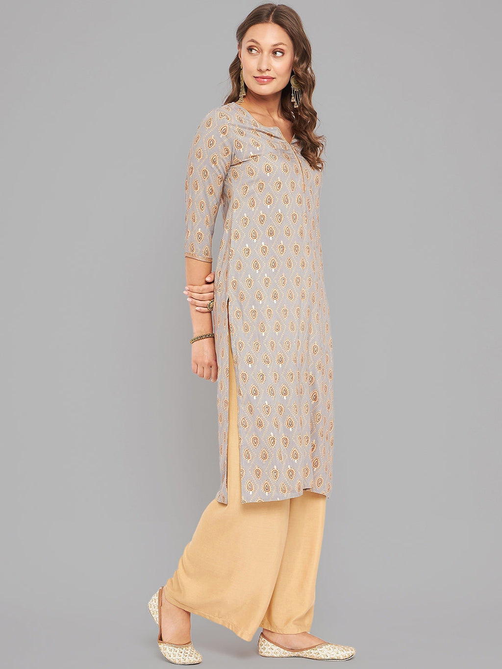 Women Grey Ethnic Motifs Printed Kurta With Piping Krya