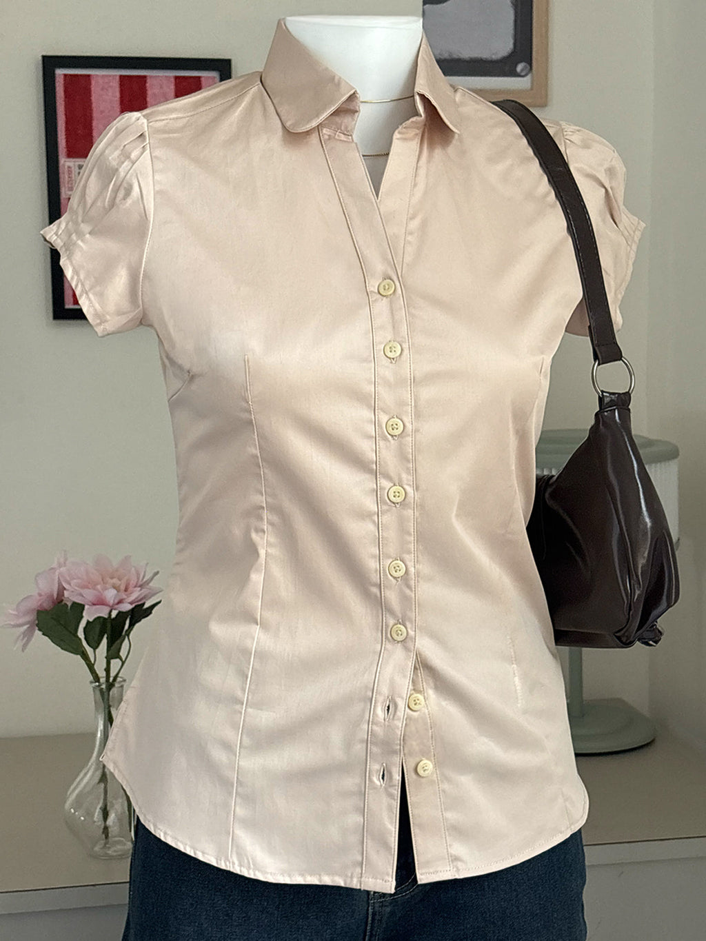 Beige Short Sleeve Y2K Fitted Shirt