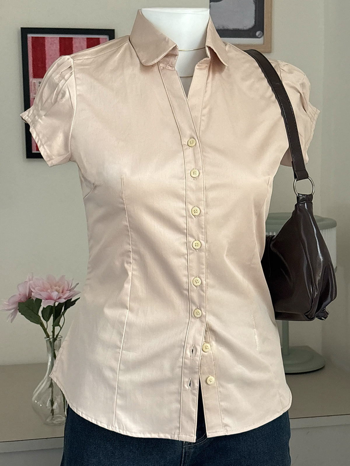 Beige Short Sleeve Y2K Fitted Shirt
