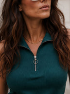 Teal Blue Waffle Self Textured Sleeveless High Neck Top