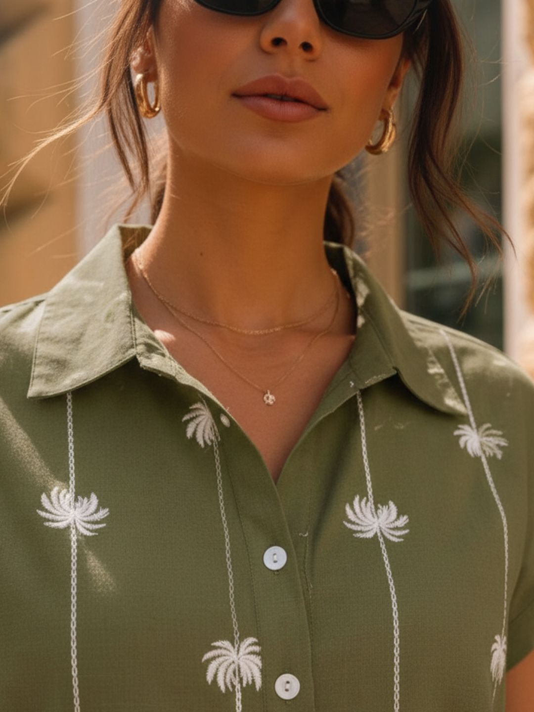 Army Green Tropical Print Cut Away Collar Regular Fit Rayon Shirt