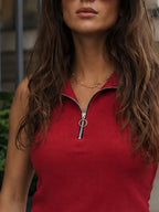 Red Waffle Self Textured Sleeveless High Neck Top