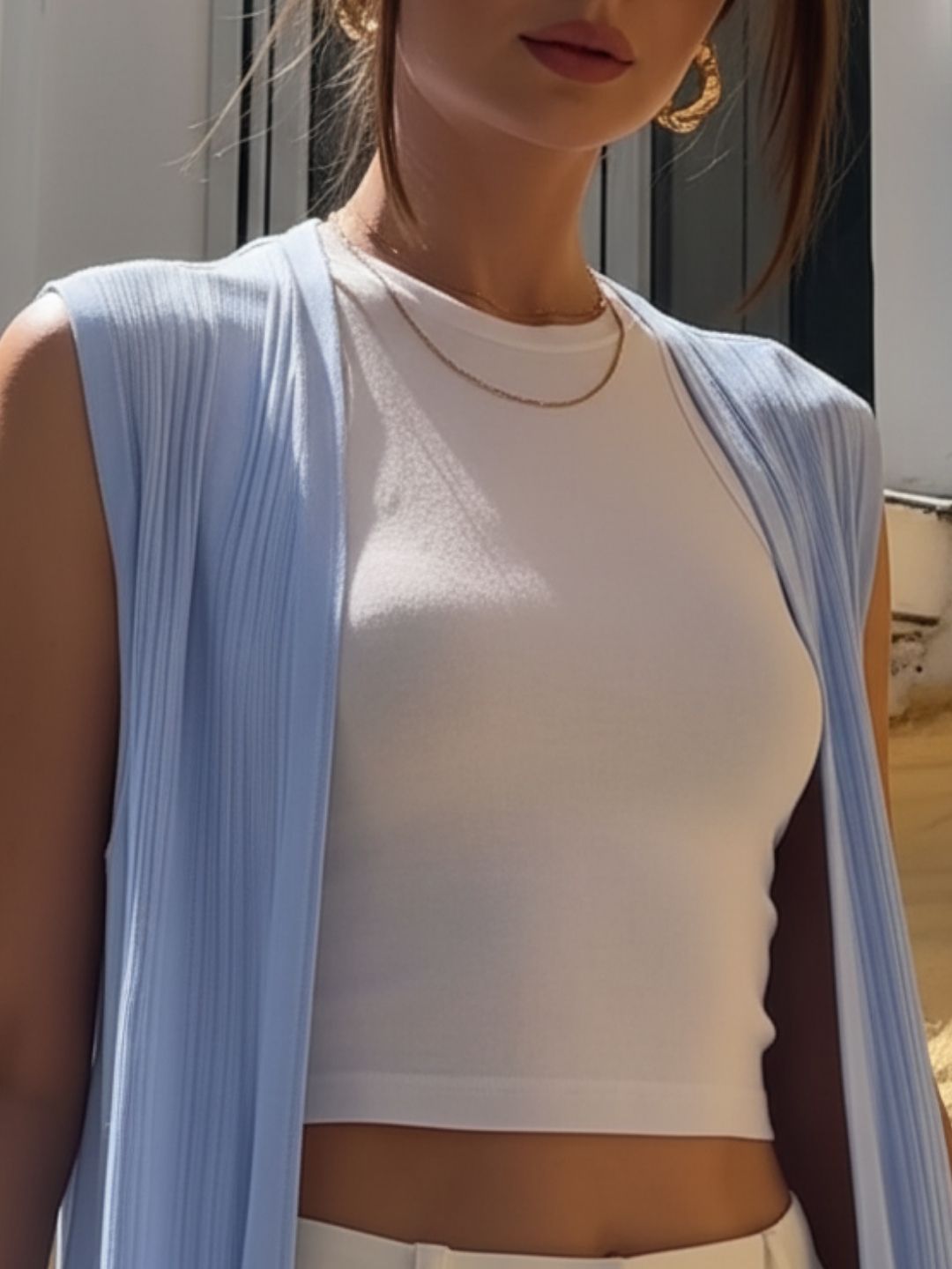 Light Blue Self Textured Drop Needle Sleeveless Shrug