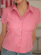 Strawberry Red Gingham Short Sleeve Fitted Shirt