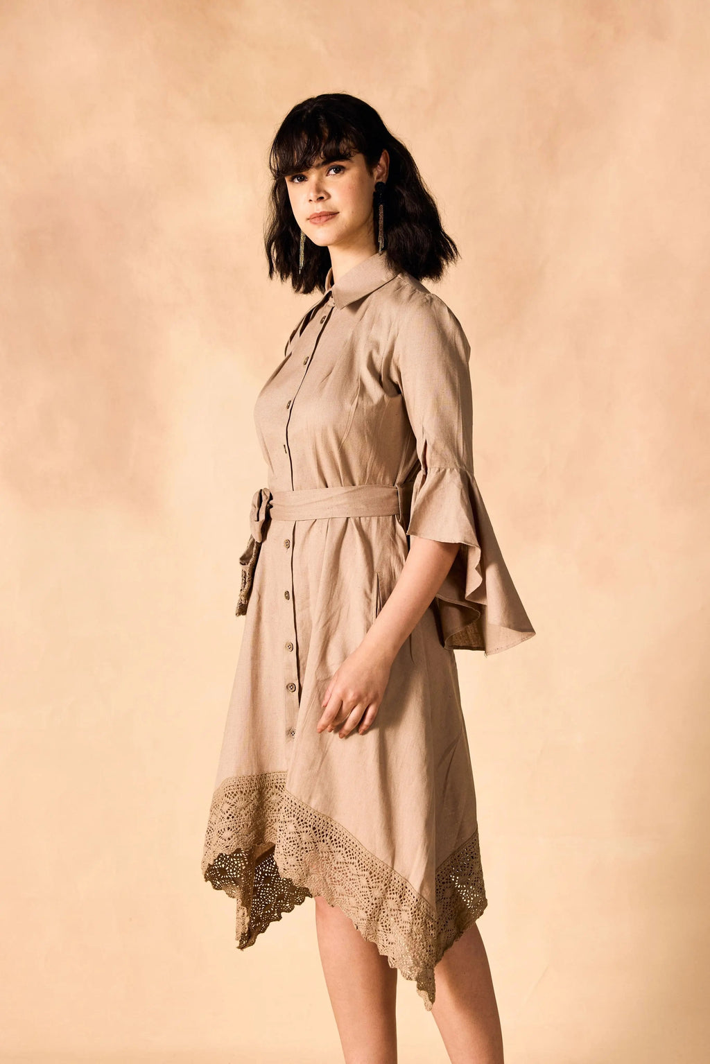 Handkerchief Hem Sash-Tie Belt Linen Shirtdress