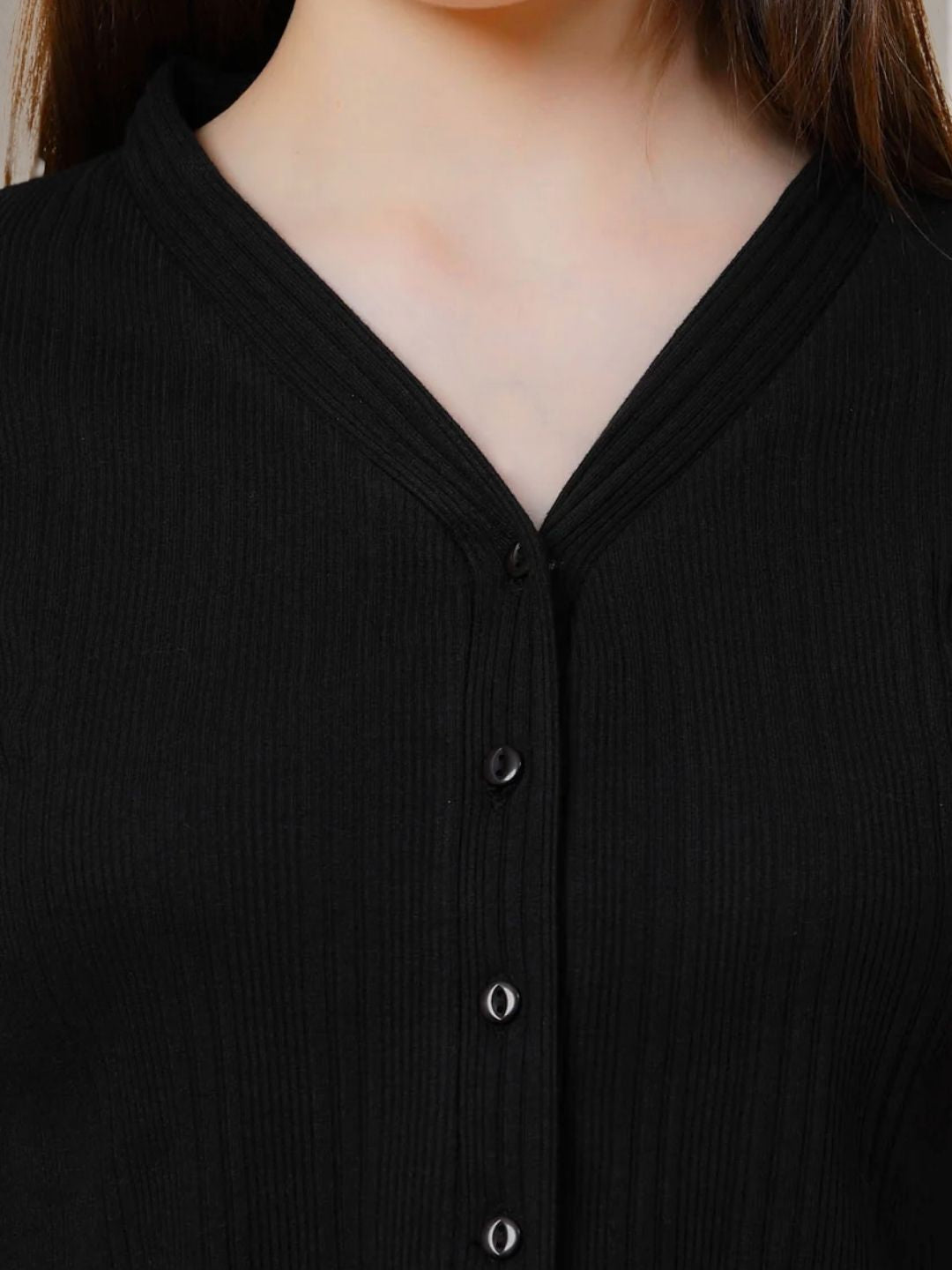 Black Drop Needle Self Textured Half Sleeves Top