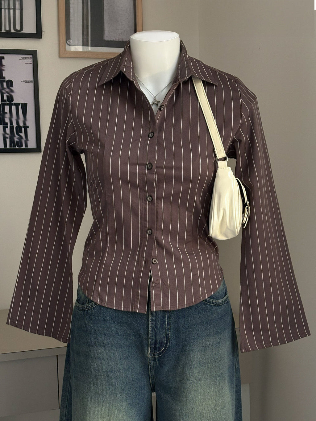 Cocoa Brown Striped Flared Sleeve Fitted Shirt