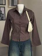 Cocoa Brown Striped Flared Sleeve Fitted Shirt