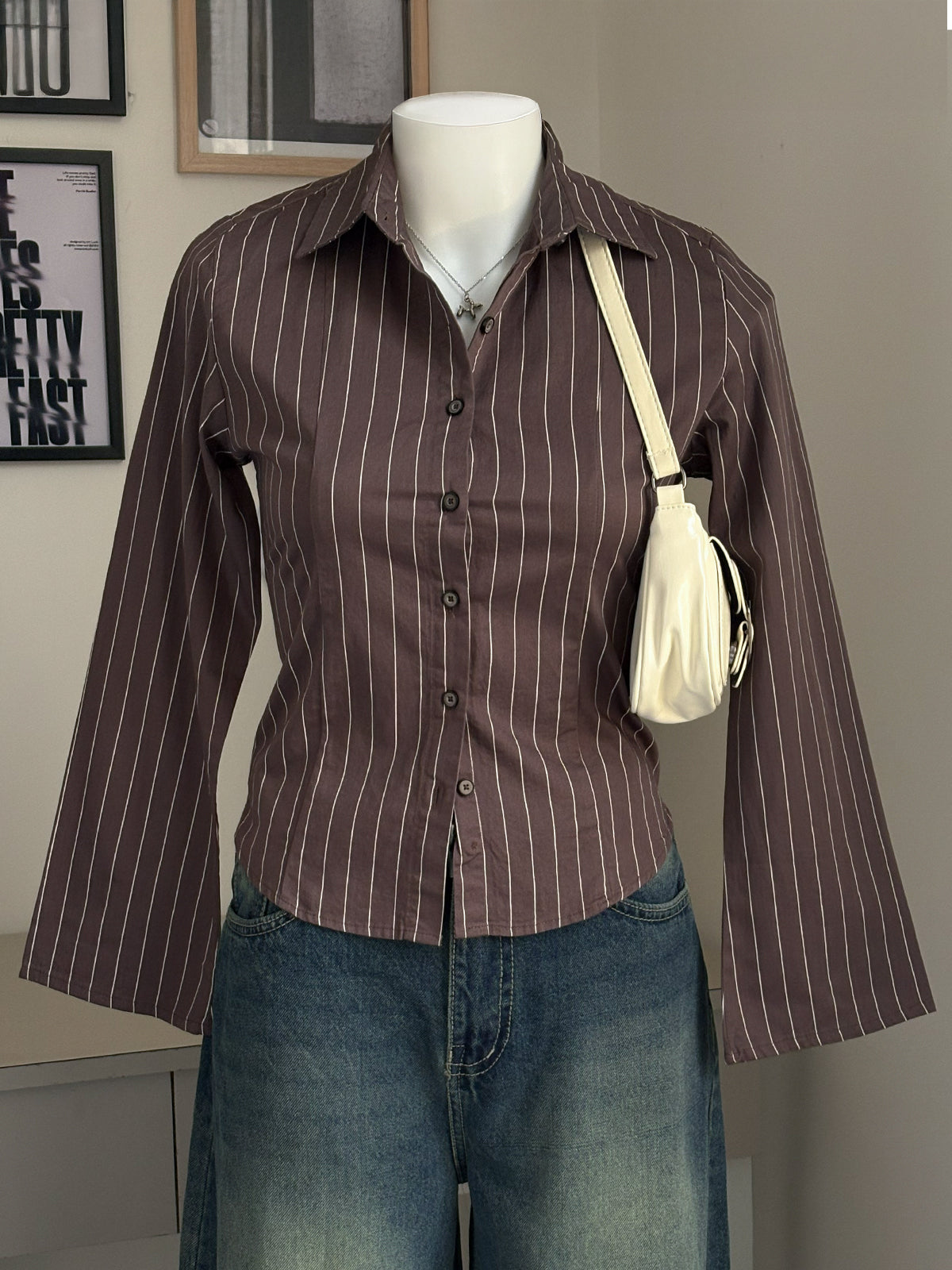 Cocoa Brown Striped Flared Sleeve Fitted Shirt