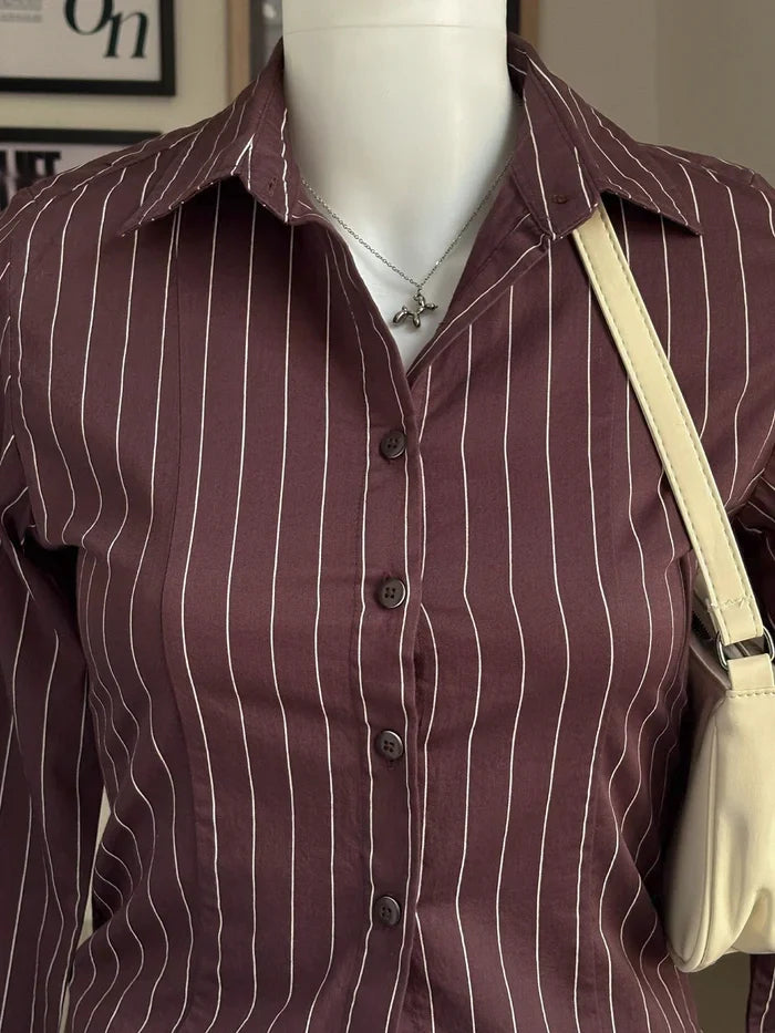 Rose Brown Striped Flared Sleeve Fitted Shirt