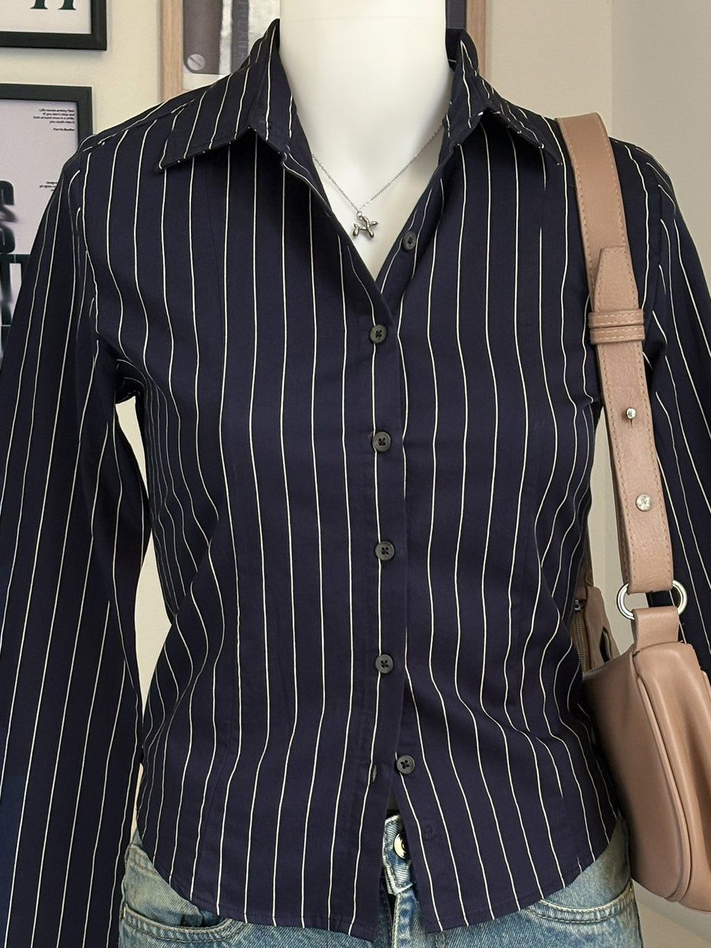 Navy Blue Striped Flared Sleeve Fitted Shirt