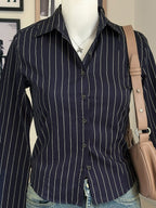 Navy Blue Striped Flared Sleeve Fitted Shirt