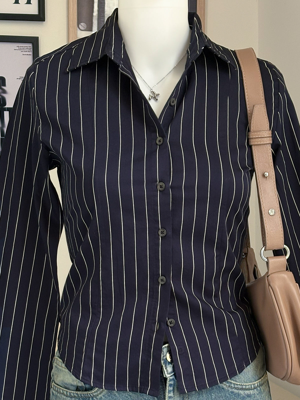 Navy Blue Striped Flared Sleeve Fitted Shirt
