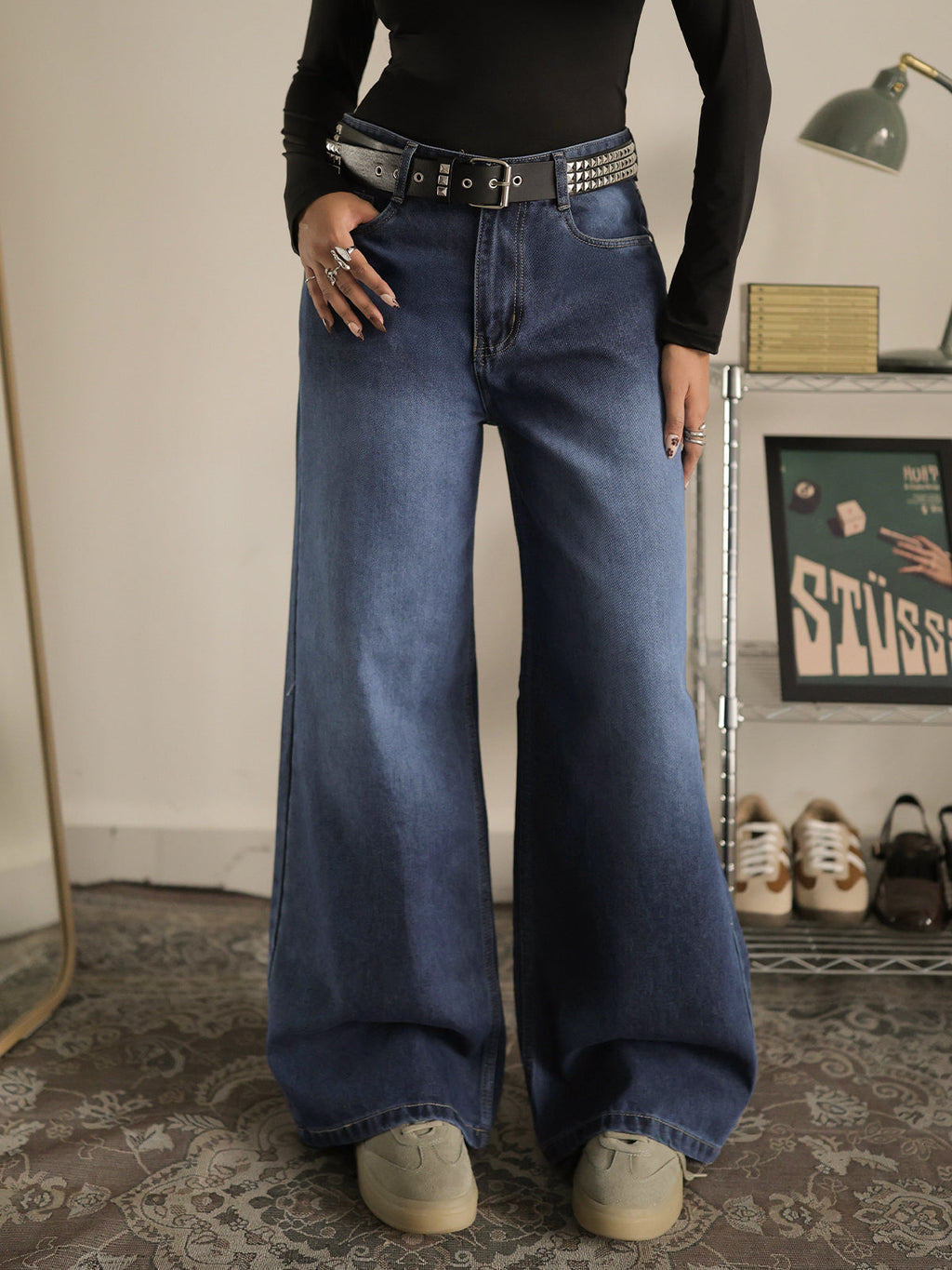 Classic Blue Washed Wide Leg Jeans Stylish Wodrobe