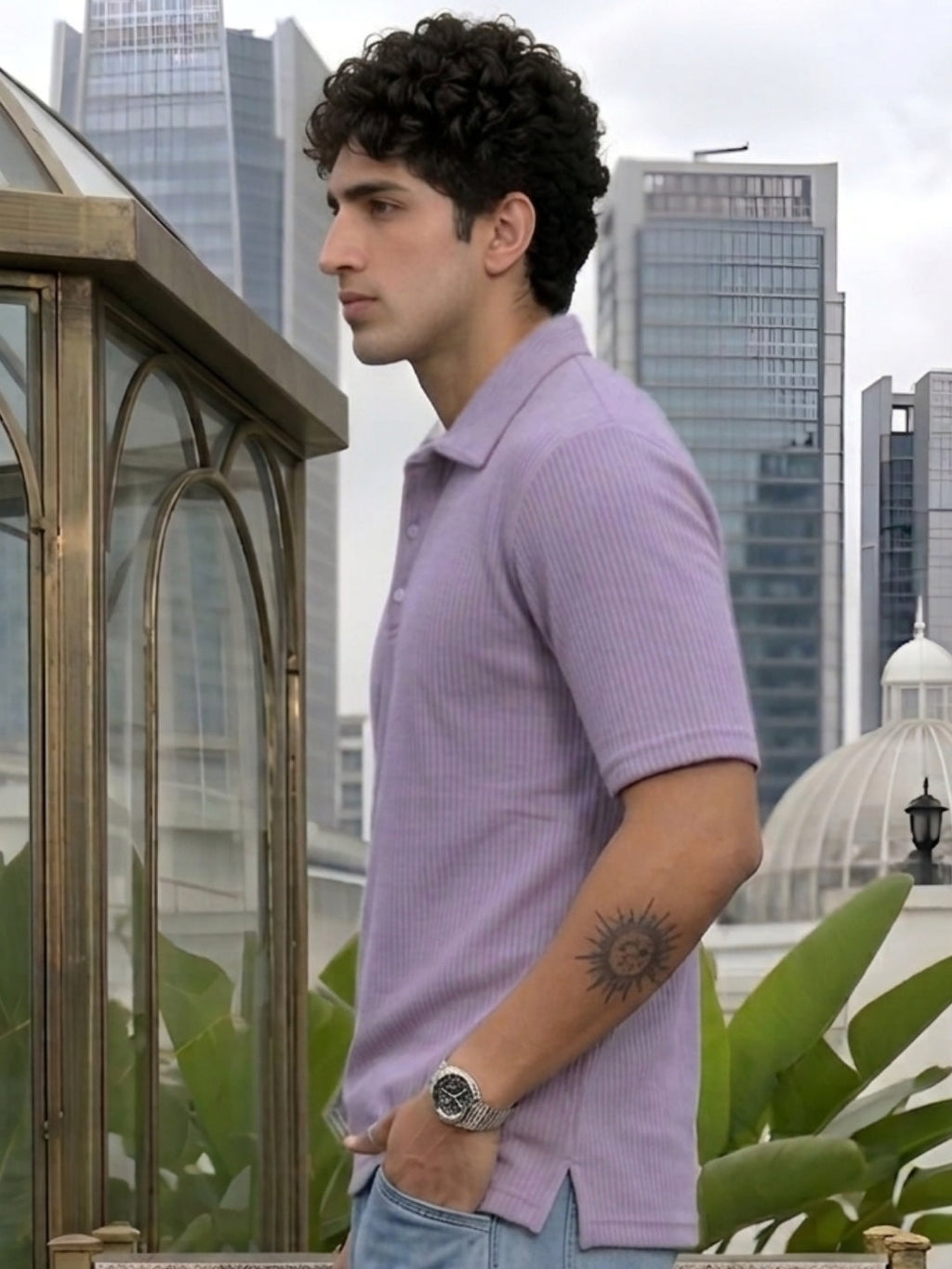 Purple Solid Poly Corduroy Cut Away Collar Polo T-Shirt