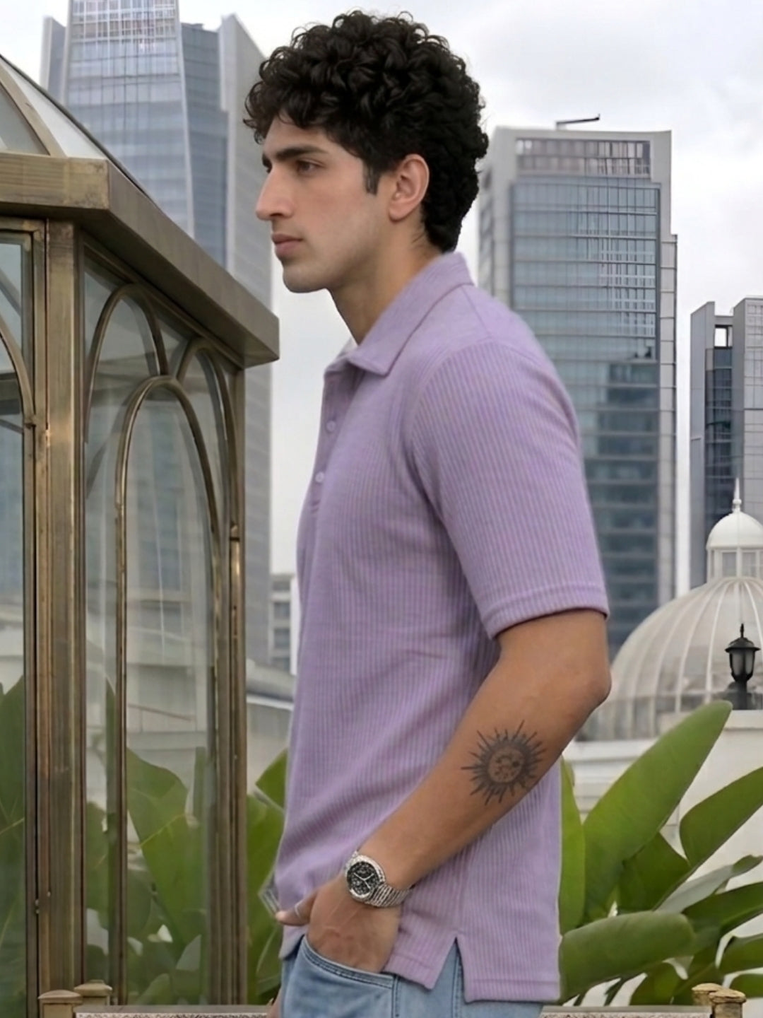 Purple Solid Poly Corduroy Cut Away Collar Polo T-Shirt