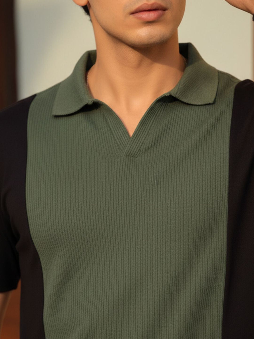 Army Green Colorblock Terry Cut Away Collar Polo T-Shirt