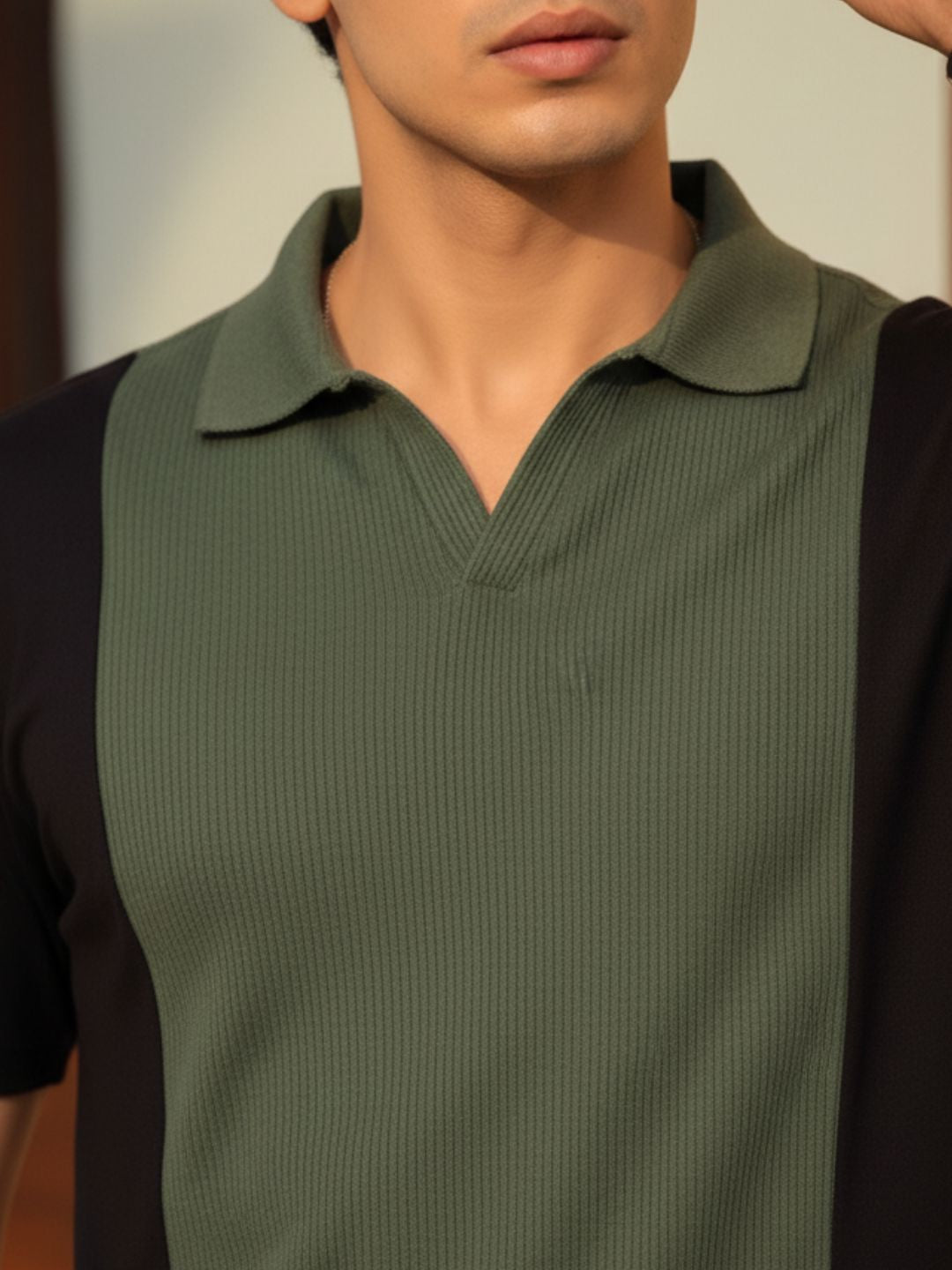 Army Green Colorblock Terry Cut Away Collar Polo T-Shirt