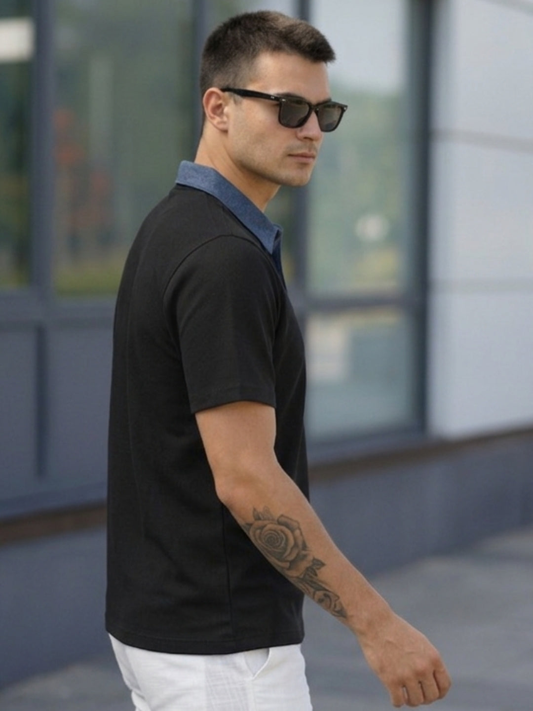 Black Solid Terry Cut Away Collar Polo T-Shirt