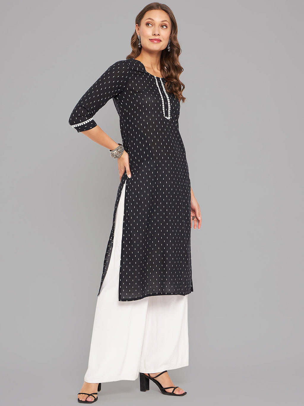 Women Black Woven Design Kurta With Lace Krya