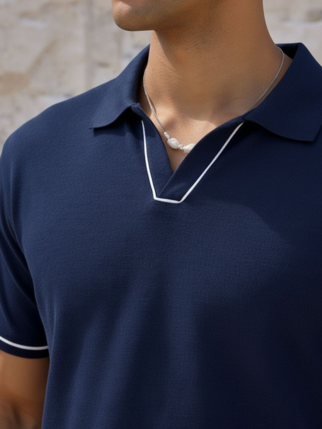Navy Blue Solid Jersey Cut Away Collar Polo T-Shirt