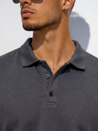 Charcoal Solid Terry Cut Away Collar Regular Fit Polo T-Shirt