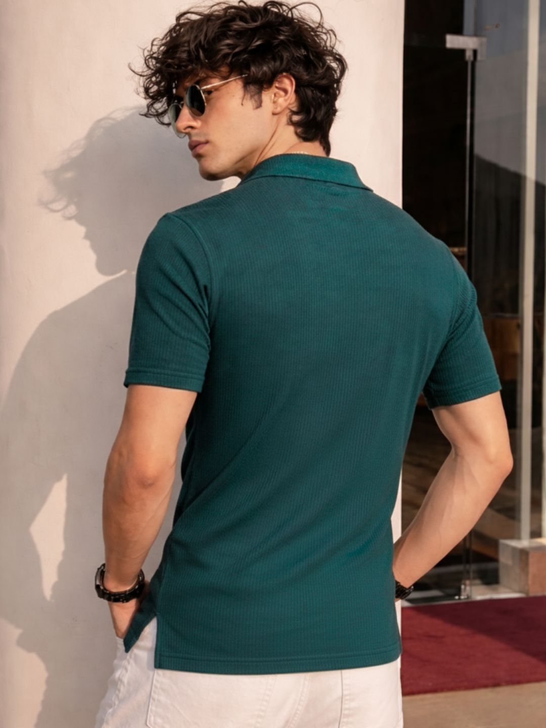 Teal Solid Poly Corduroy Cut Away Collar Polo T-Shirt