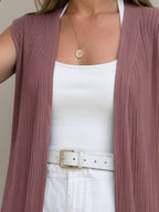Mauve Self Textured Drop Needle Sleeveless Shrug