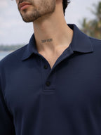 Navy Blue Solid Terry Cut Away Collar Regular Fit Polo T-Shirt