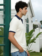 Off White Solid Waffle Cut Away Collar Polo T-Shirt