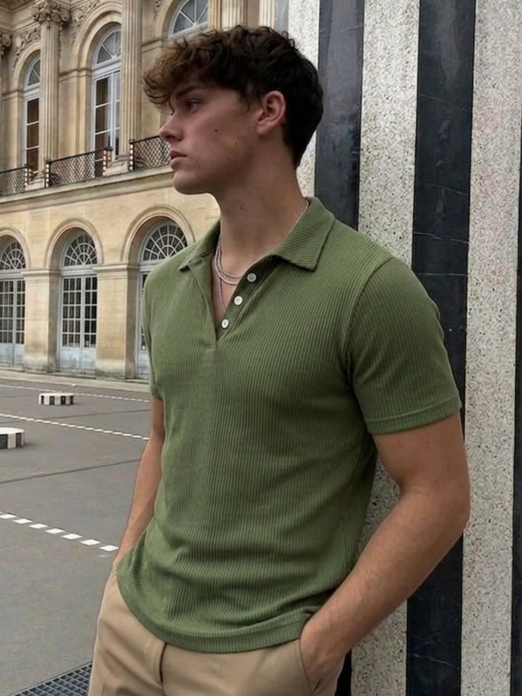 Army Green Solid Poly Corduroy Cut Away Collar Polo T-Shirt