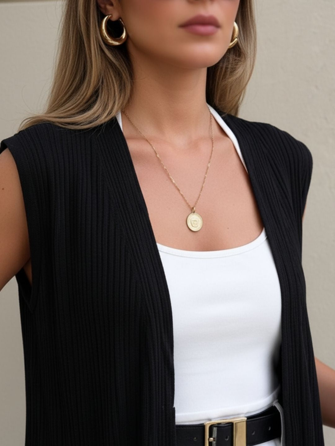 Black Self Textured Drop Needle Sleeveless Shrug