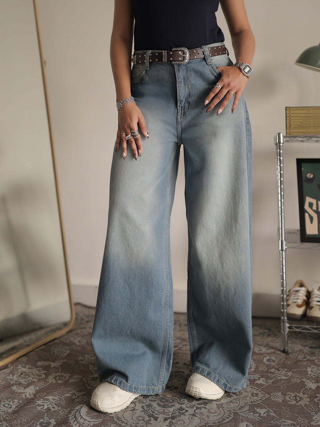 Soft Blue Washed Wide Leg Jeans Stylish Wodrobe