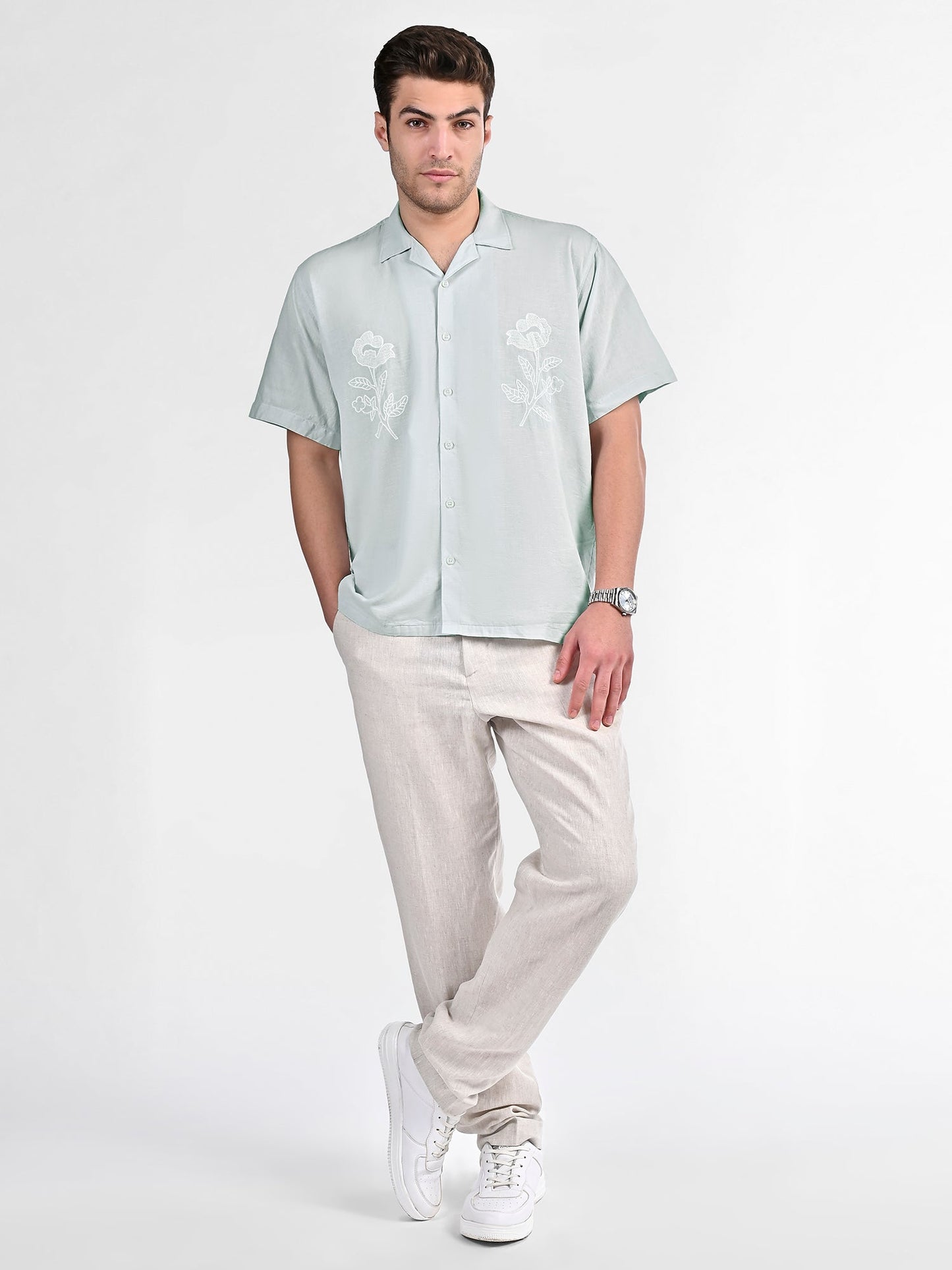 Botanic Bloom Box-Fit Embroidered Linen Shirt in Baby Blue