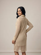 Women’s Beige Sheer Mesh Shirt Dress with Faux Leather Details