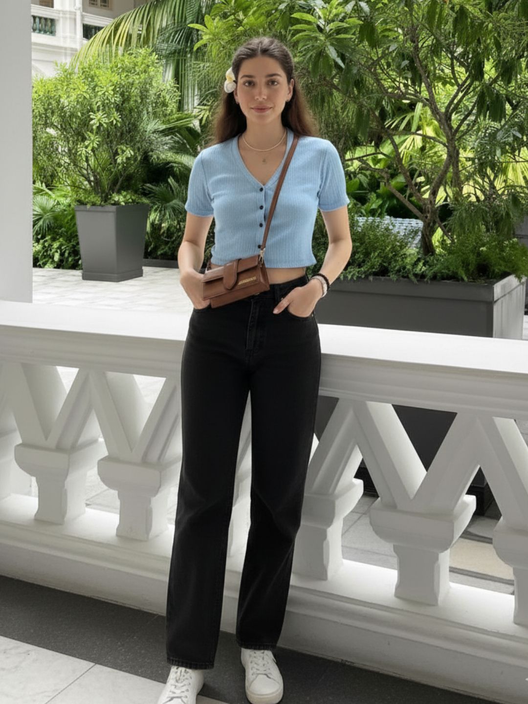 Light Blue Drop Needle Self Textured Half Sleeves Top