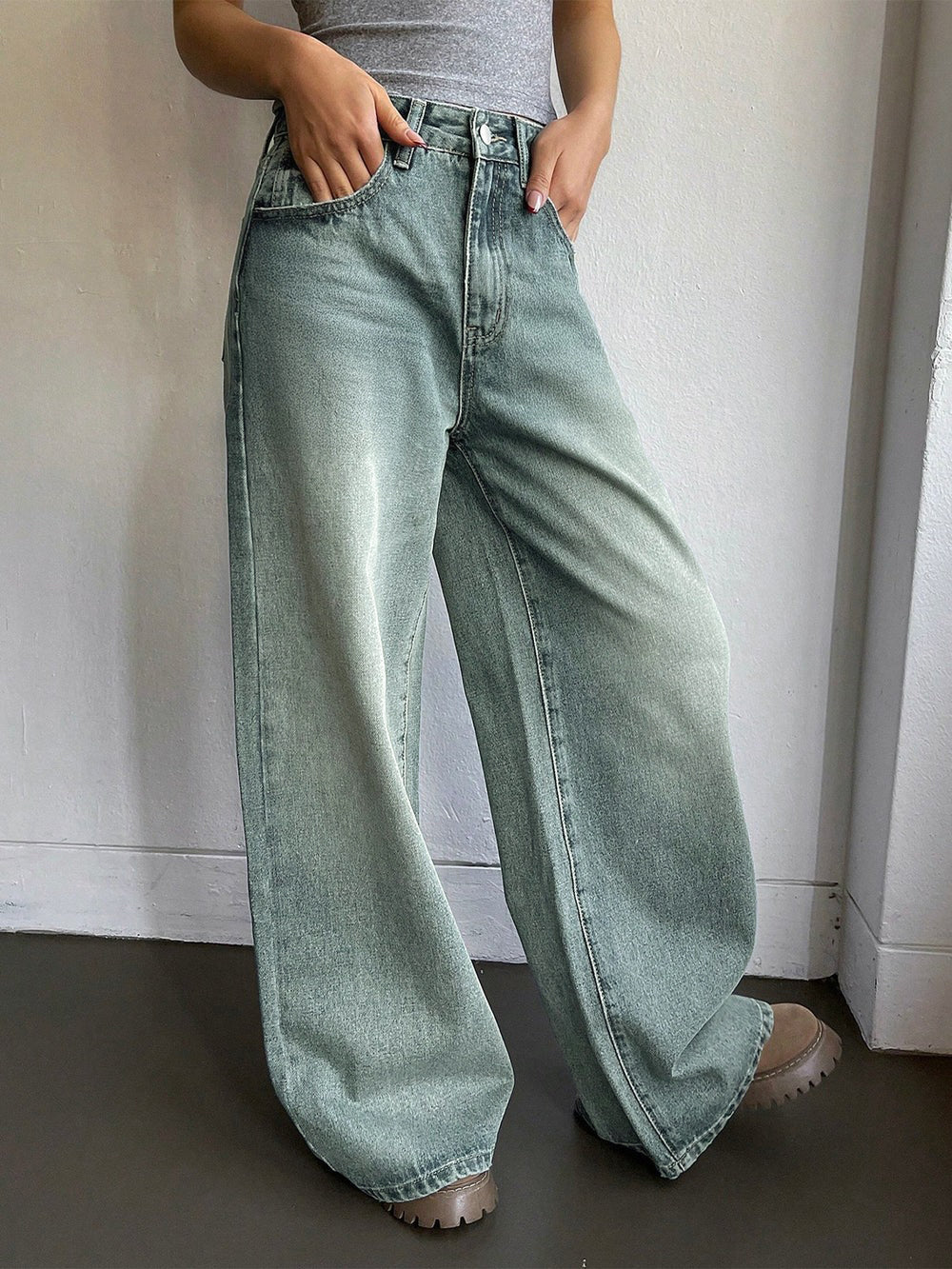 Sea Green Washed Ultra Wide Leg Jeans
