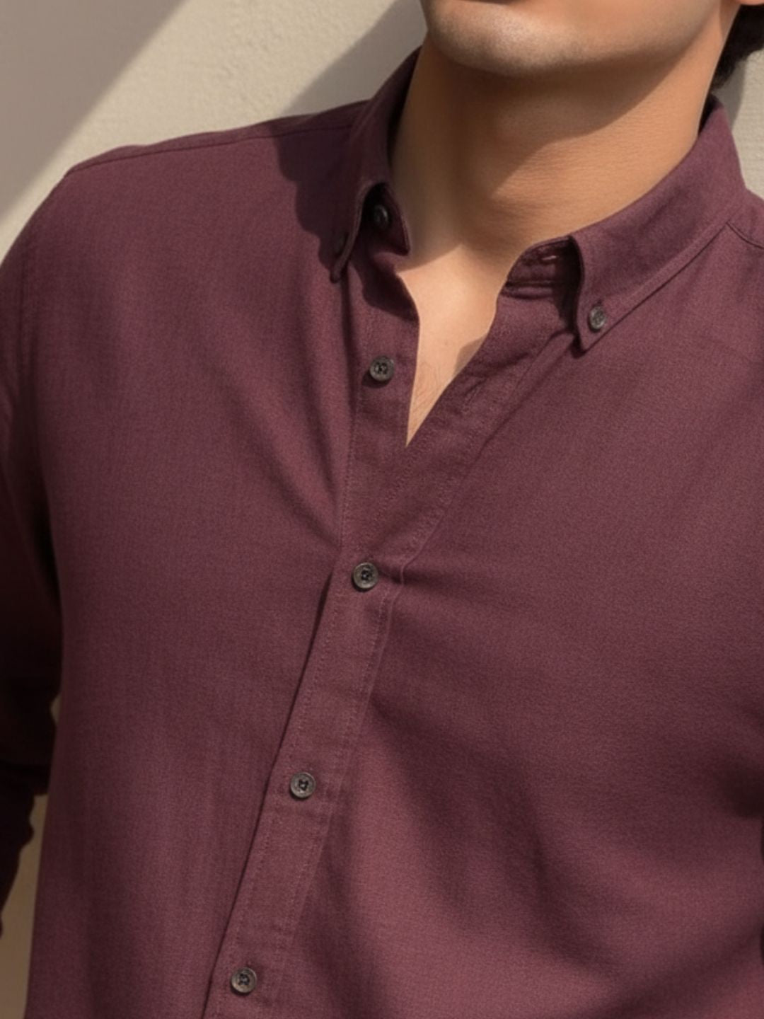 Wine Solid Cotton Cut Away Collar Full Sleeves Shirt