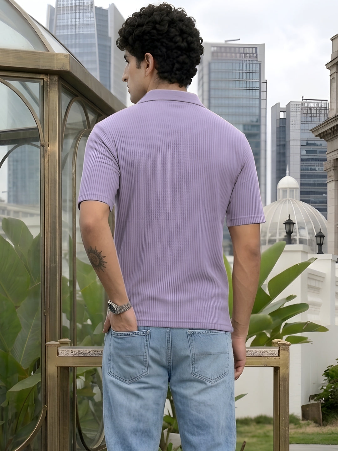 Purple Solid Poly Corduroy Cut Away Collar Polo T-Shirt