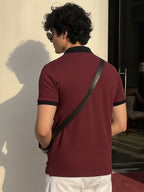 Wine Solid Waffle Cut Away Collar Polo T-Shirt