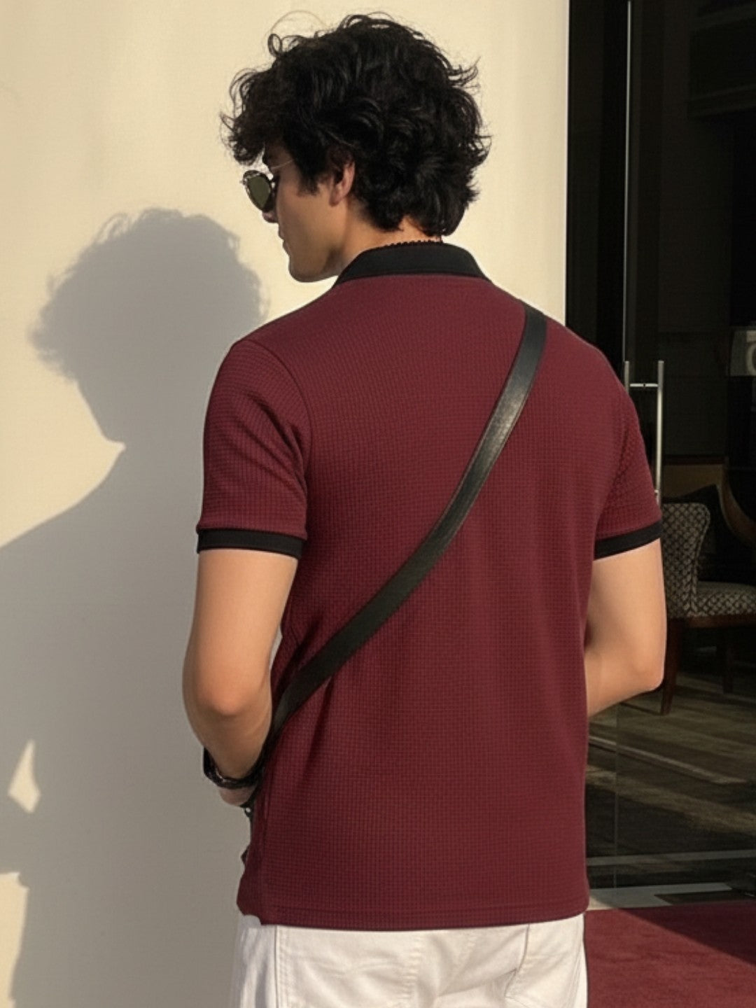 Wine Solid Waffle Cut Away Collar Polo T-Shirt