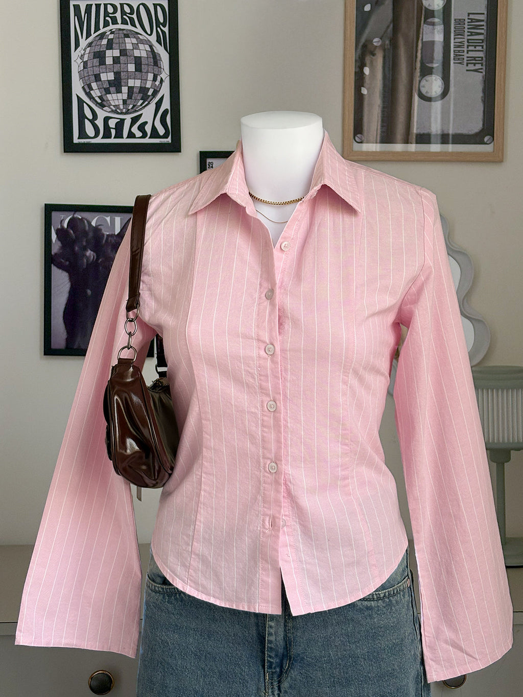 Soft Pink Striped Flared Sleeve Fitted Shirt