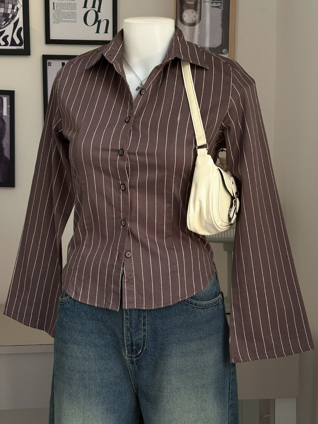 Cocoa Brown Striped Flared Sleeve Fitted Shirt