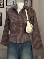 Cocoa Brown Striped Flared Sleeve Fitted Shirt