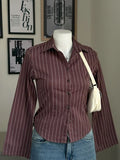 Rose Brown Striped Flared Sleeve Fitted Shirt